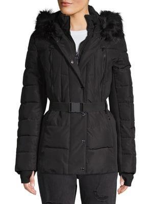 Michael Kors Belted Faux Fur Trim Walker Coat