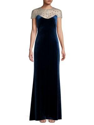 Tadashi Shoji Short-sleeve Mesh Embellished Velvet Evening Gown