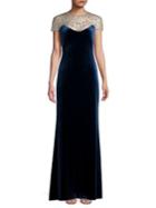 Tadashi Shoji Short-sleeve Mesh Embellished Velvet Evening Gown