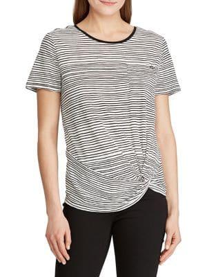 Lauren Ralph Lauren Stripe Twist-knot Linen-blend Pocket Tee