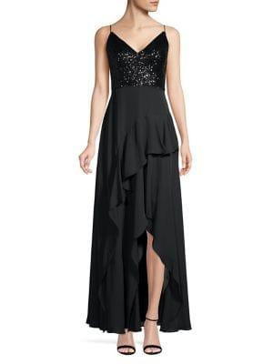 Calvin Klein Sequin & Chiffon Ruffle Slit Gown