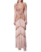 Marchesa Notte Embellished Fringed Column Gown