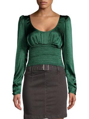 Free People Smocked Long-sleeve Cropped Top