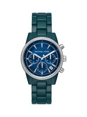 Michael Kors Bradshaw Teal Pave Stainless Steel Bracelet Chronograph Watch