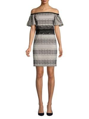 H Halston Off-shoulder Geometric Lace Sheath Dress