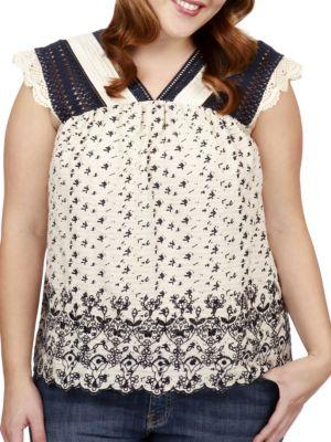 Lucky Brand Plus Plus Embroidered Flutter Top