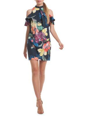Trina Turk Amado Floral Ruffle Cold-shoulder Dress