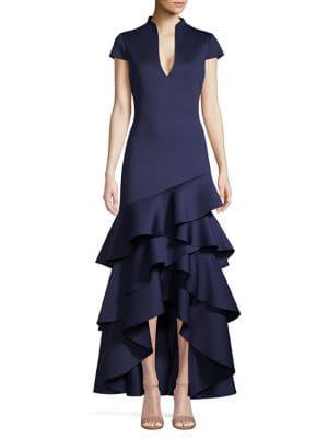 Badgley Mischka Platinum Cap-sleeve Ruffle Asymmetric Hem Gown