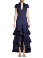 Badgley Mischka Platinum Cap-sleeve Ruffle Asymmetric Hem Gown