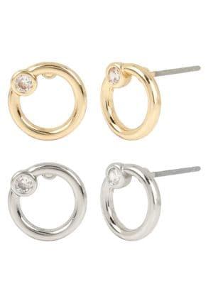 H Halston Two-tone Crystal Circle Stud Earrings Set