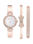 Anne Klein Rose Goldtone, Faux Pearl & Swarovski Crystal Watch & Bangle Bracelet Set