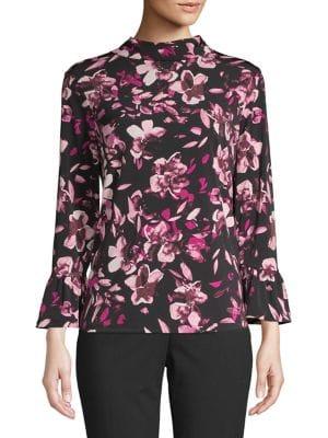 Ellen Tracy Floral Mockneck Flounce Blouse