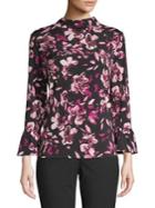 Ellen Tracy Floral Mockneck Flounce Blouse