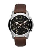 Fossil Mens Grant Silvertone And Leather Chronograph Watch