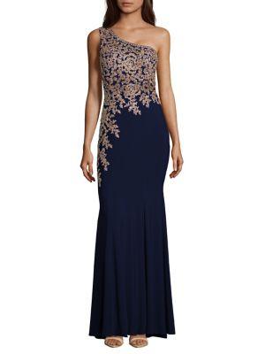 Xscape Petite Cocktail-fit One-shoulder Embroidered Mermaid Gown