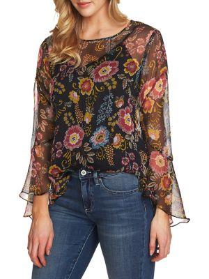 Vince Camuto Floral Mesh Flare-sleeve Blouse