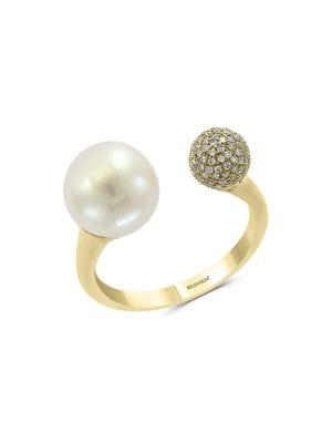 Effy 14k Yellow Gold, 9mm White Pearl & Diamond Ring