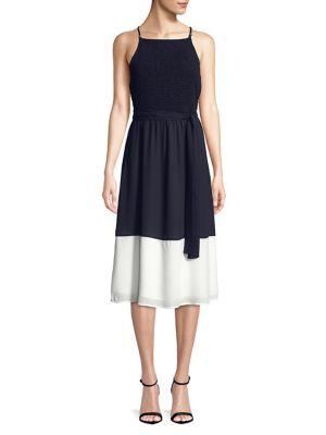 Ivanka Trump Smocked Colorblock Midi Dress