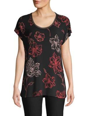 Joan Vass Floral Scoopneck Flutter-sleeve Top