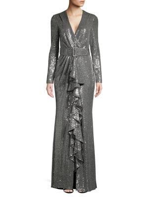 Badgley Mischka Platinum Belted V-neck Ruffled Sequin Gown