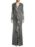 Badgley Mischka Platinum Belted V-neck Ruffled Sequin Gown