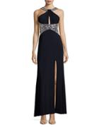 Betsy & Adam Open-back Embellished Column Gown