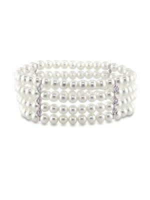 Sonatina 5.5-6mm Freshwater Cultured Pearl, Diamond And 14k White Gold Multi-row Bracelet