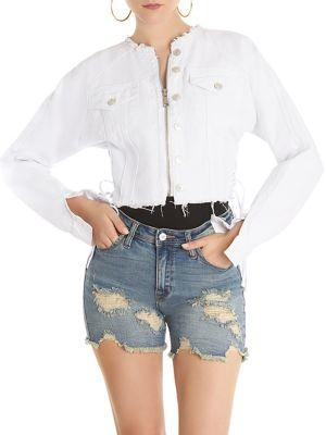 La La Anthony Distressed Lace-up Denim Jacket