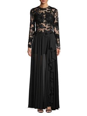 Nicole Bakti Long Sleeve Floral Embroidered Gown