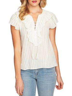 Cece Lace Up Ruffle Stripe Blouse