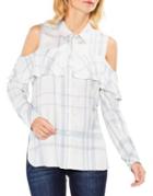 Two By Vince Camuto Long-sleeve Cold-shoulder Ruffled Space Dye Plaid Blouse