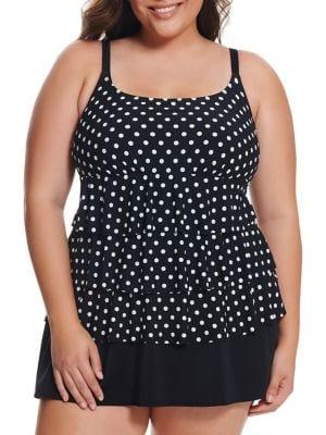 Longitude Plus Dot To Dot One-piece Ruffle Faux Skirtini Swimdress