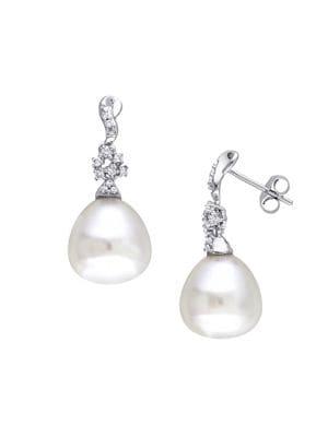 Sonatina 14k White Gold, 11-11.5mm White Drop & Diamond Twist Drop Earrings