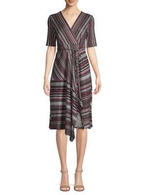 Gabby Skye Striped Asymmetrical Wrap Dress