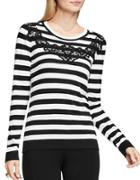 Vince Camuto Crewenck Floral Lace Applique Striped Sweater