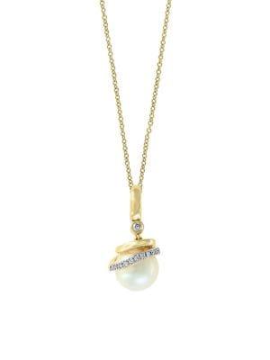 Effy 14k Yellow Gold, 7.5mm Round Freshwater Pearl, Two-tone Diamonds Pendant Necklace