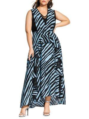 City Chic Plus Zebra-print Ruffle Maxi Dress