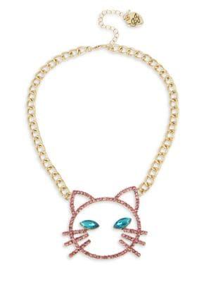 Betsey Johnson Just Kitten Pink Stone Open Cat Face Pendant Necklace