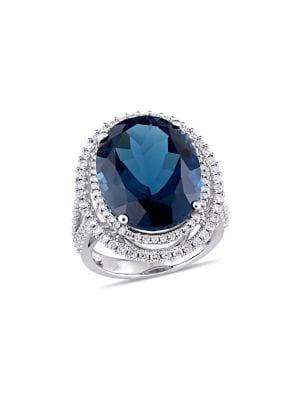 Sonatina 14k White Gold, London Blue Topaz & Diamond Double Halo Cocktail Ring