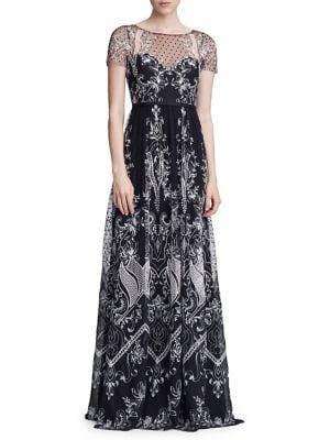 Marchesa Notte Short-sleeve Embellished Illusion Neck Gown