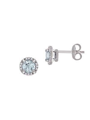 Sonatina Sterling Silver, Aquamarine And Diamond Halo Stud Earrings