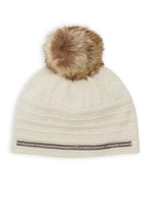 Badgley Mischka Faux Fur Pom Beaded Trim Beanie