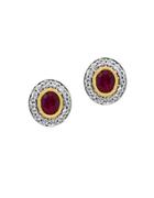 Effy White Sapphire, Ruby, 18k Yellow Gold And 0.925 Sterling Silver Stud Earrings