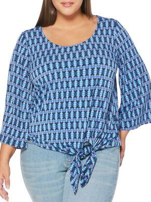 Rafaella Plus Ikat Bell-sleeve Tied Top