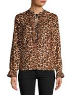 Imnyc Isaac Mizrahi Tied Leopard Splitneck Ruffle Blouse