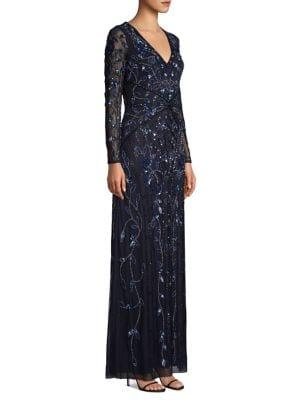 Aidan By Aidan Mattox Beaded Illusion Long-sleeve Gown