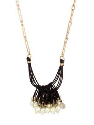 Lord Taylor Faux Pearl, Crystal And Leather Multi-row Necklace
