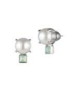 Carolee Marlene Green Crystal And 10mm Cabochon Glass Pearl Stud Earrings