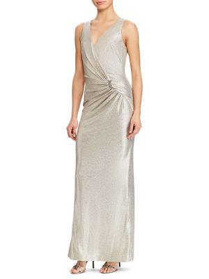 Lauren Ralph Lauren Brooch-trim Ruched Metallic Gown