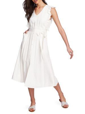 1.state Button Front Ruffle Tie Midi Dress